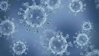 SARS-CoV-2 viruses on a blue-grey background.